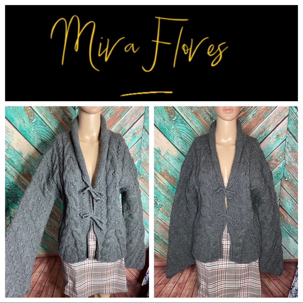 Mira Flores 100% Wool Raw Hem Tie Front Tan Cardigan